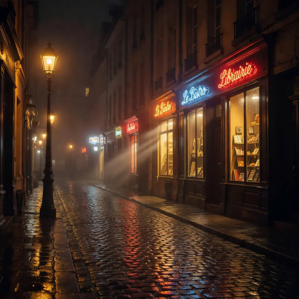 Atmosférická noční ulice s odrazem světel Noční ulice osvětlená teplými lampami a neony, odrazy světel na mokrém dlážděném chodníku, atmosférická noční fotografie