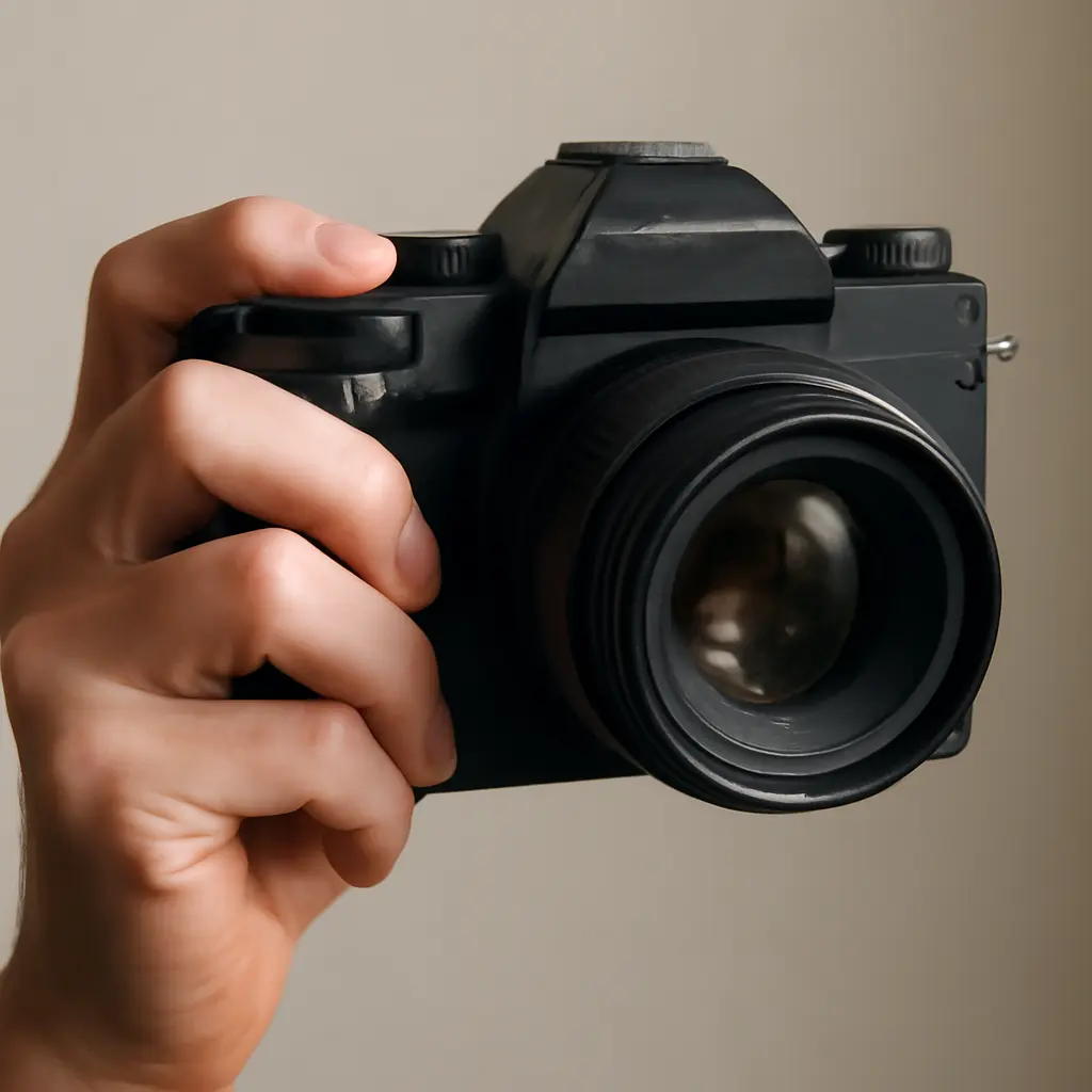 Fotograf držící fotoaparát z ruky s mírnou stabilizací