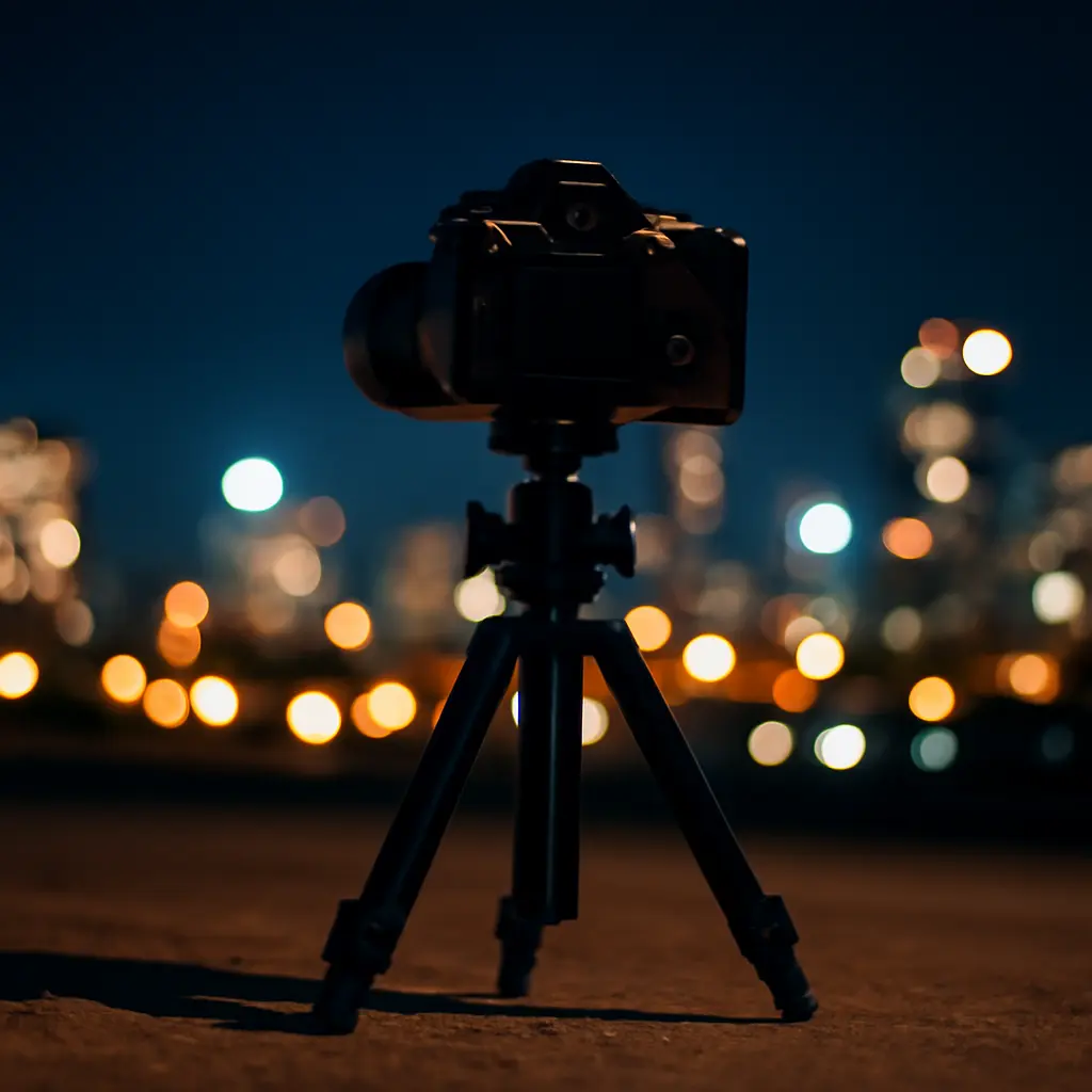 Statický fotoaparát na stativu při noční fotografii bez blesku