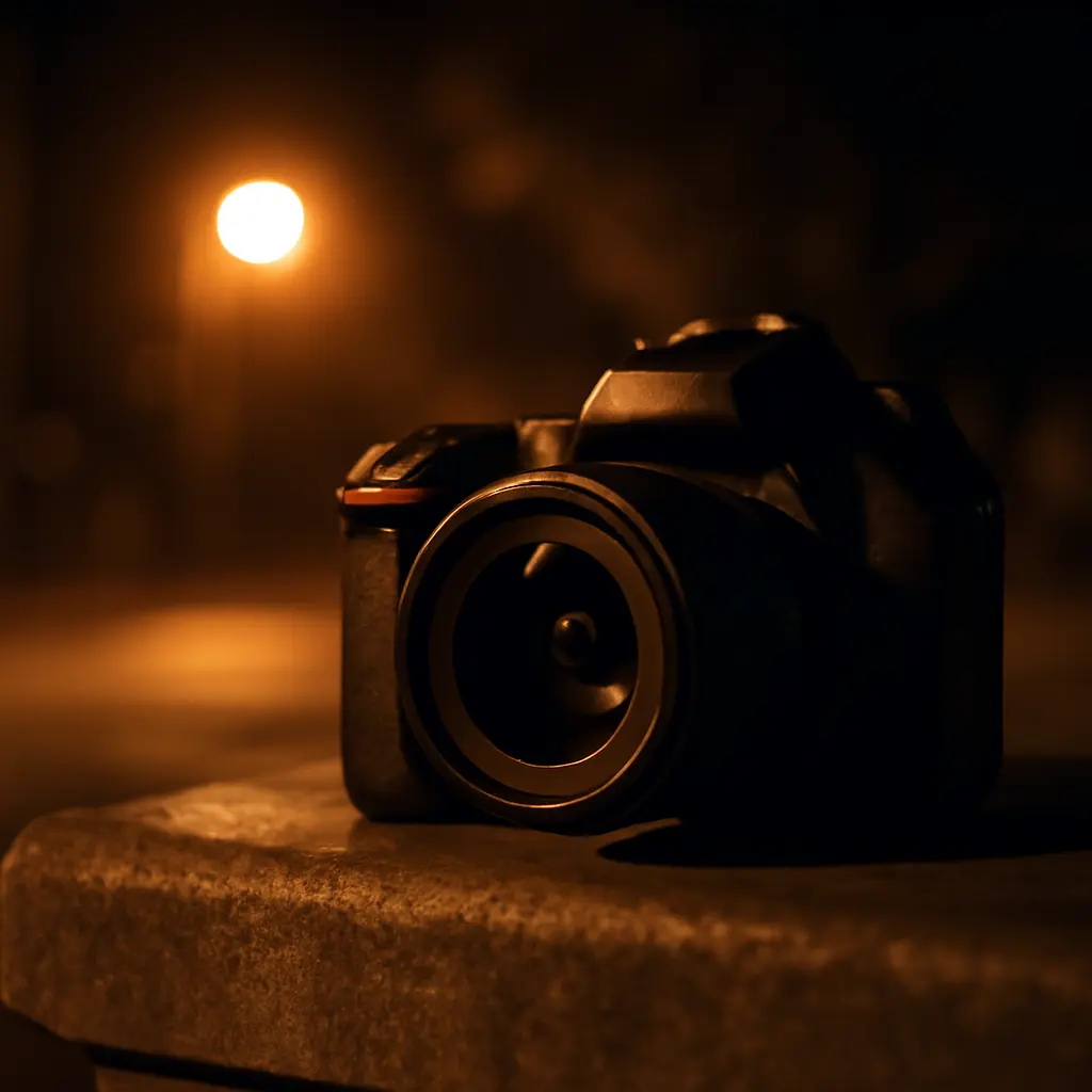 Fotoaparát opřený o zábradlí během noční fotografie