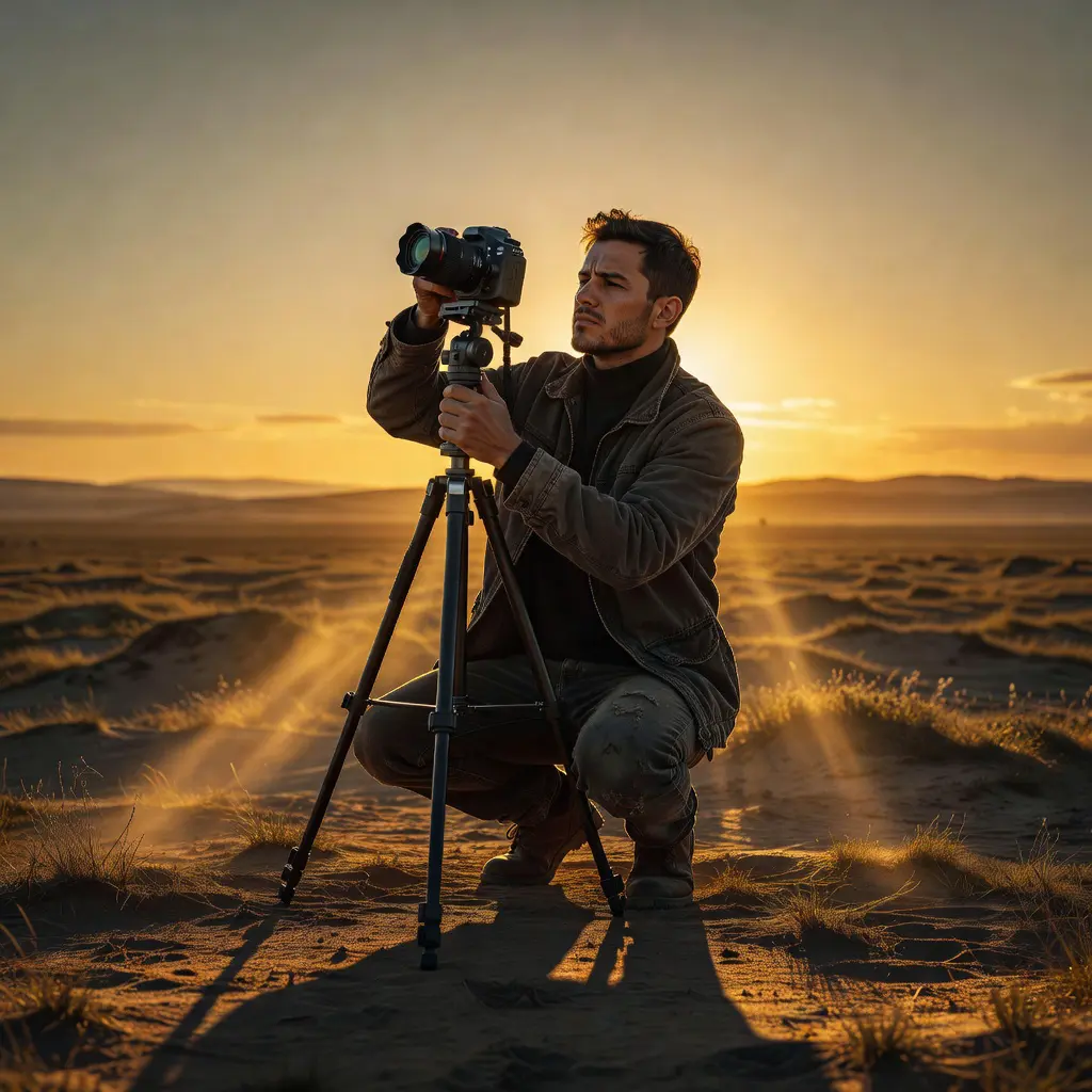 Fotograf s fotoaparátem experimentuje s kompozicí scény při zlaté hodině, dramatické světlo a kreativní perspektiva
