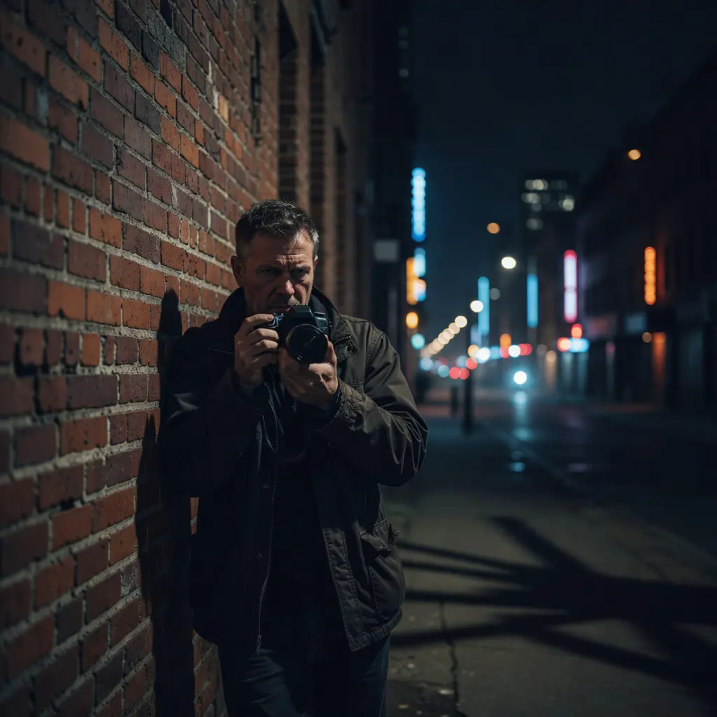 Fotograf opřený o zeď při noční fotografii Fotograf se opírá o cihlovou zeď a drží fotoaparát oběma rukama pro stabilní noční záběr, za ním rozsvícená ulice