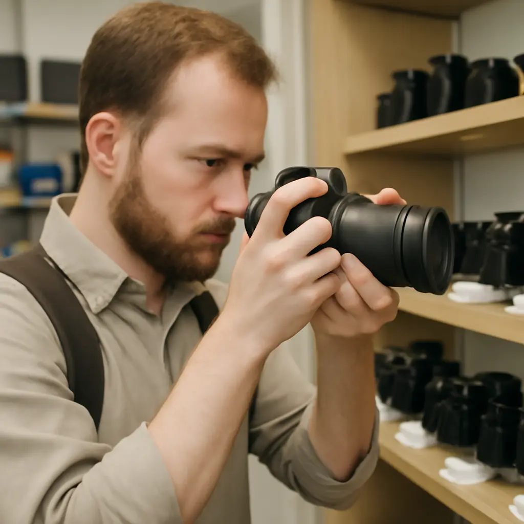Fotograf testuje různé fotoaparáty v obchodě