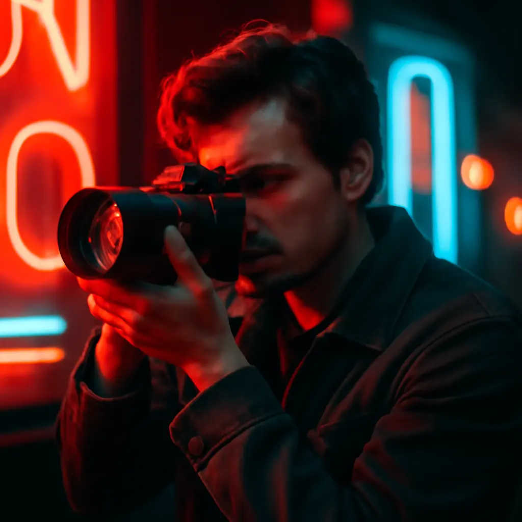 Fotograf pořizuje snímek u neonového osvětlení