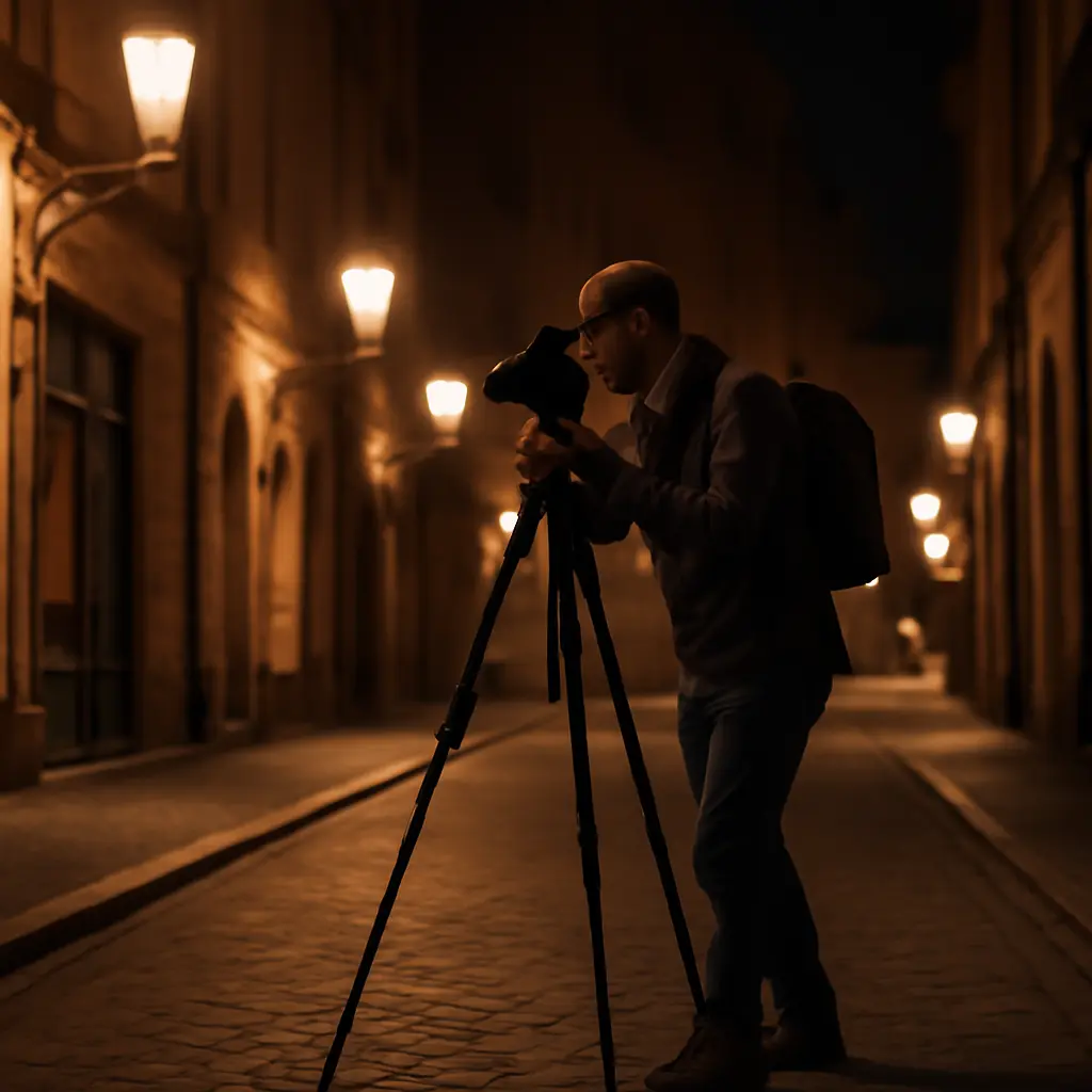 Fotograf se stativem na ulici Fotograf používající stativ při nočním focení městské scény
