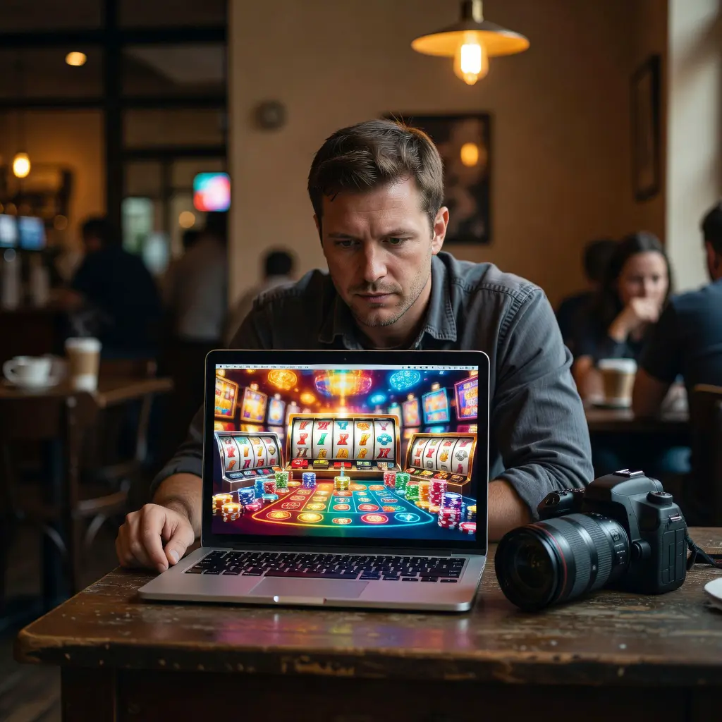 Fotograf sedí u stolu s laptopem zobrazujícím kasino stránku a profesionálním fotoaparátem vedle šálku kávy