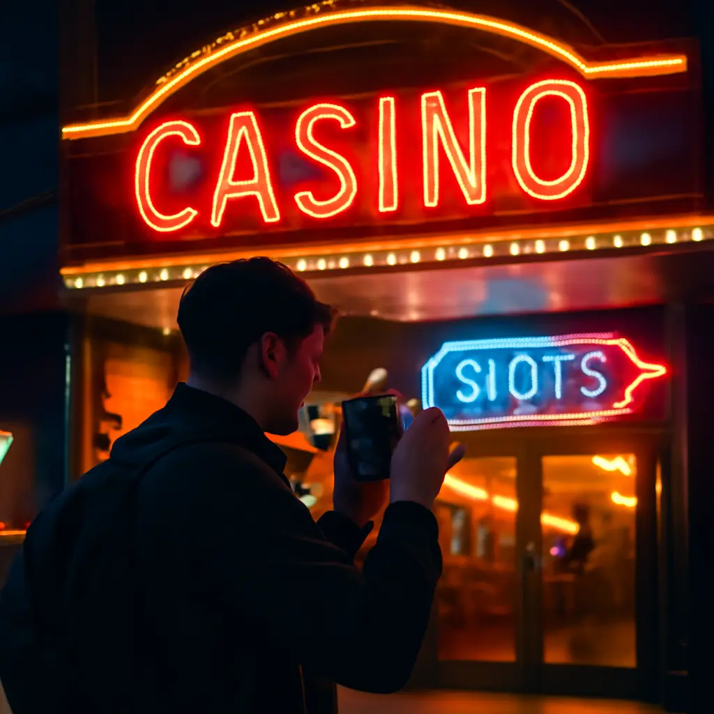 Fotograf pořizující noční snímek s neonovými kasinovými světly v pozadí