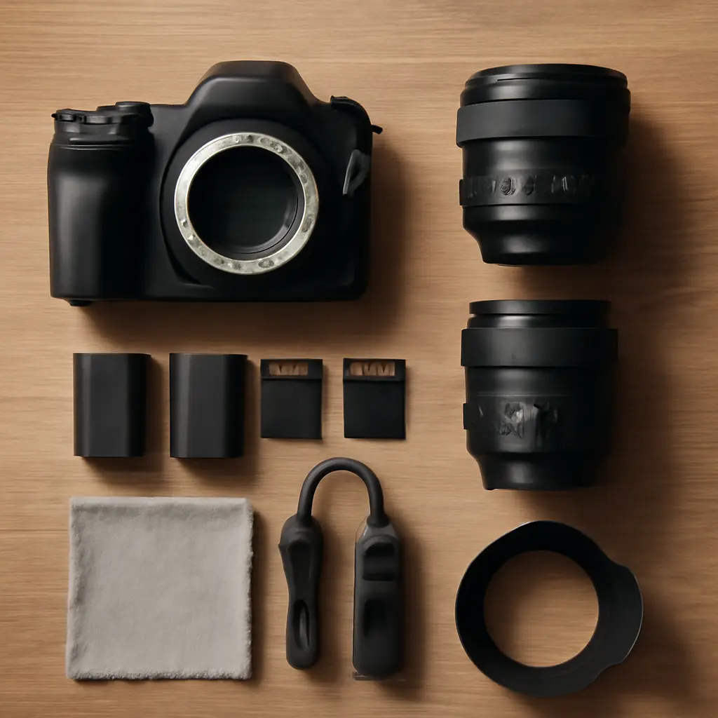 Fotografická výbava Přehledně rozložená fotografická výbava na stole včetně fotoaparátu, objektivů, baterií a paměťových karet