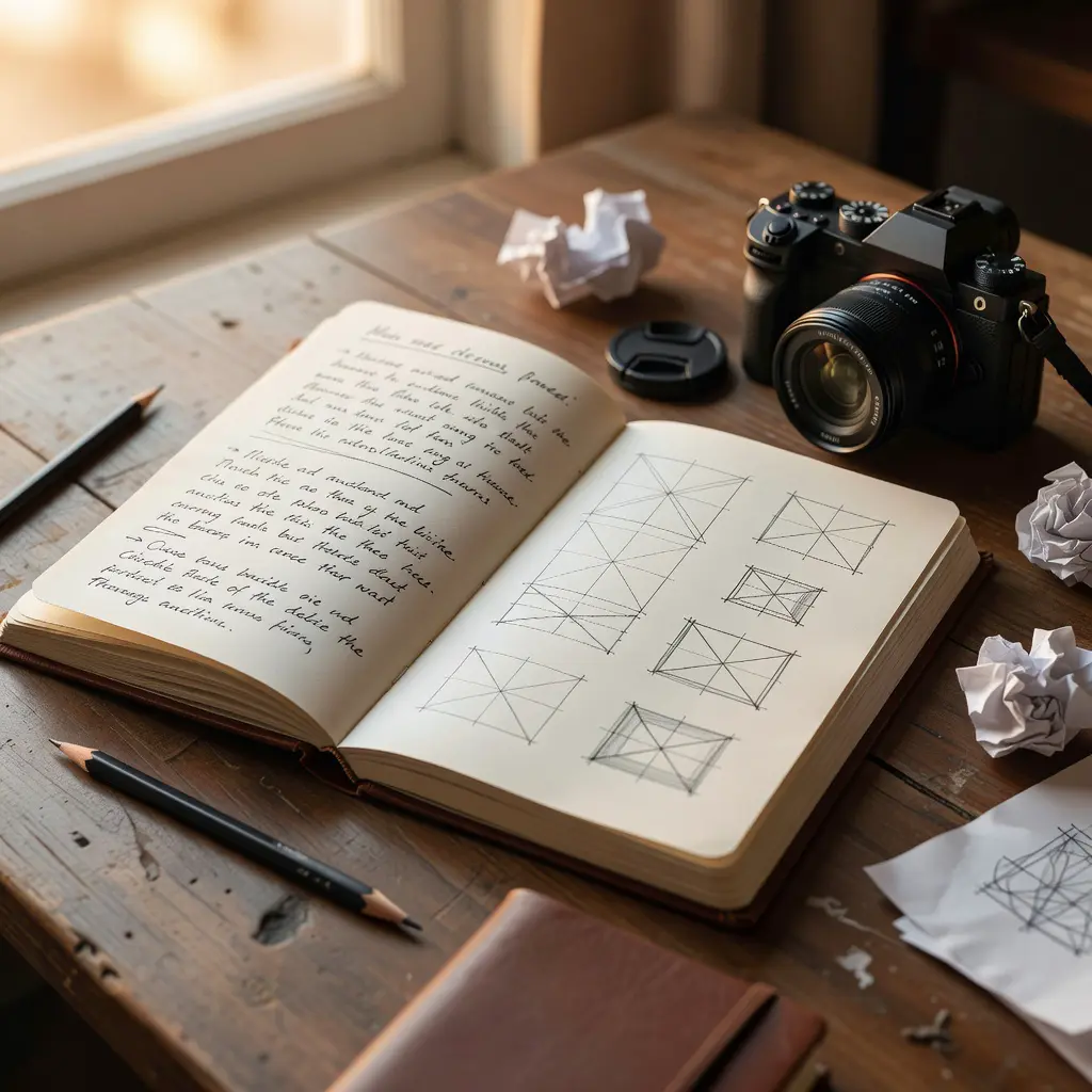 Otevřený fotografický deník s ručně psanými poznámkami a náčrtky kompozicí ležící vedle digitálního fotoaparátu na kreativním pracovním stole