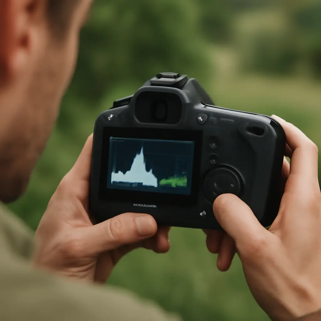 Kontrola snímku v terénu Fotograf kontrolující histogram a expozici na displeji fotoaparátu v terénu při denním světle