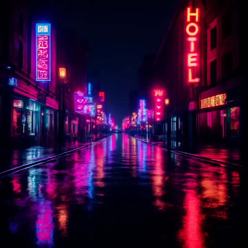 Noční městská scéna s reflexy na mokrém chodníku