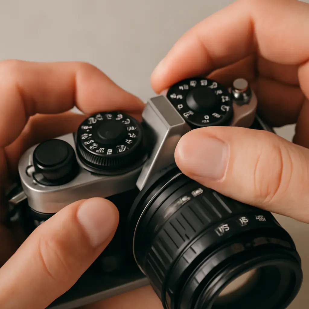 Ruce nastavující clonu a rychlost na fotoaparátu
