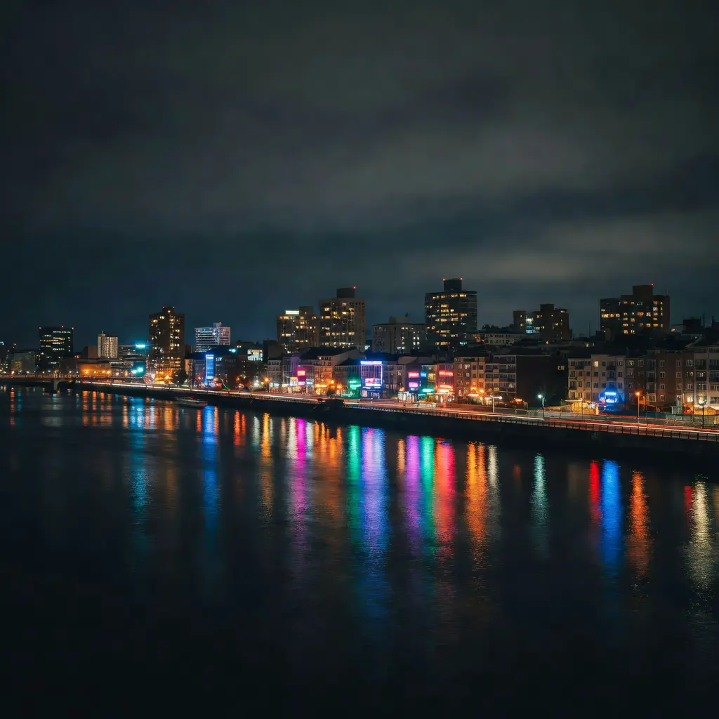 Noční panorama města s barevnými světly odrážejícími se ve vodě, atmosferická noční fotografie