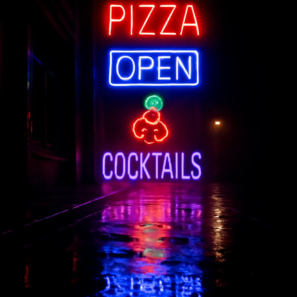 Kompozice noční scény s neonovými prvky a odrazy