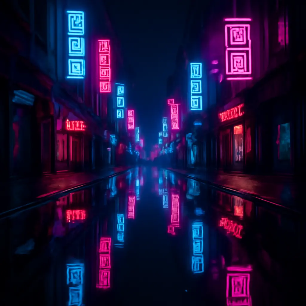 Noční ulice s odrazem neonových světel v kaluži, symetrie