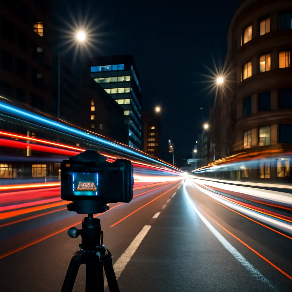 Noční město a stativ Noční město s nasvícenými budovami a fotoaparátem na stativu