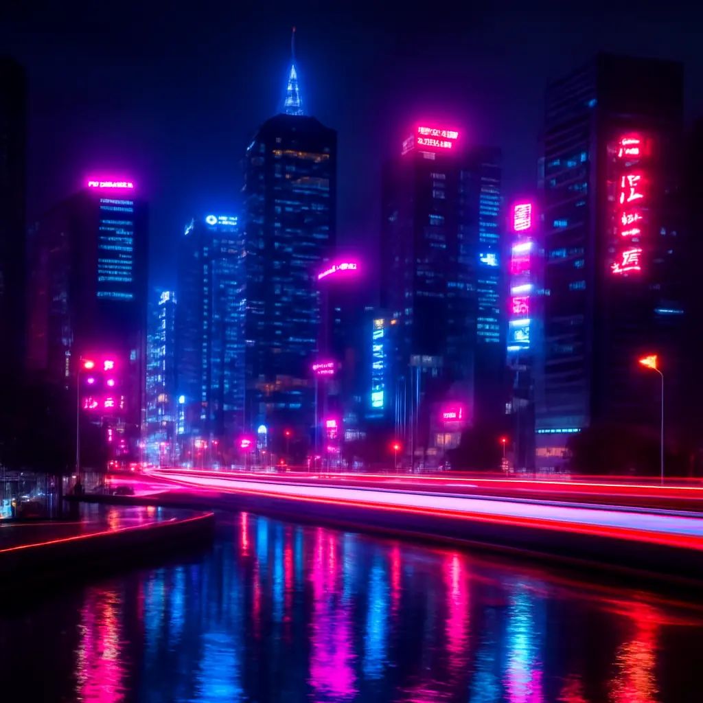 Noční panorama města s jasnými neonovými světly