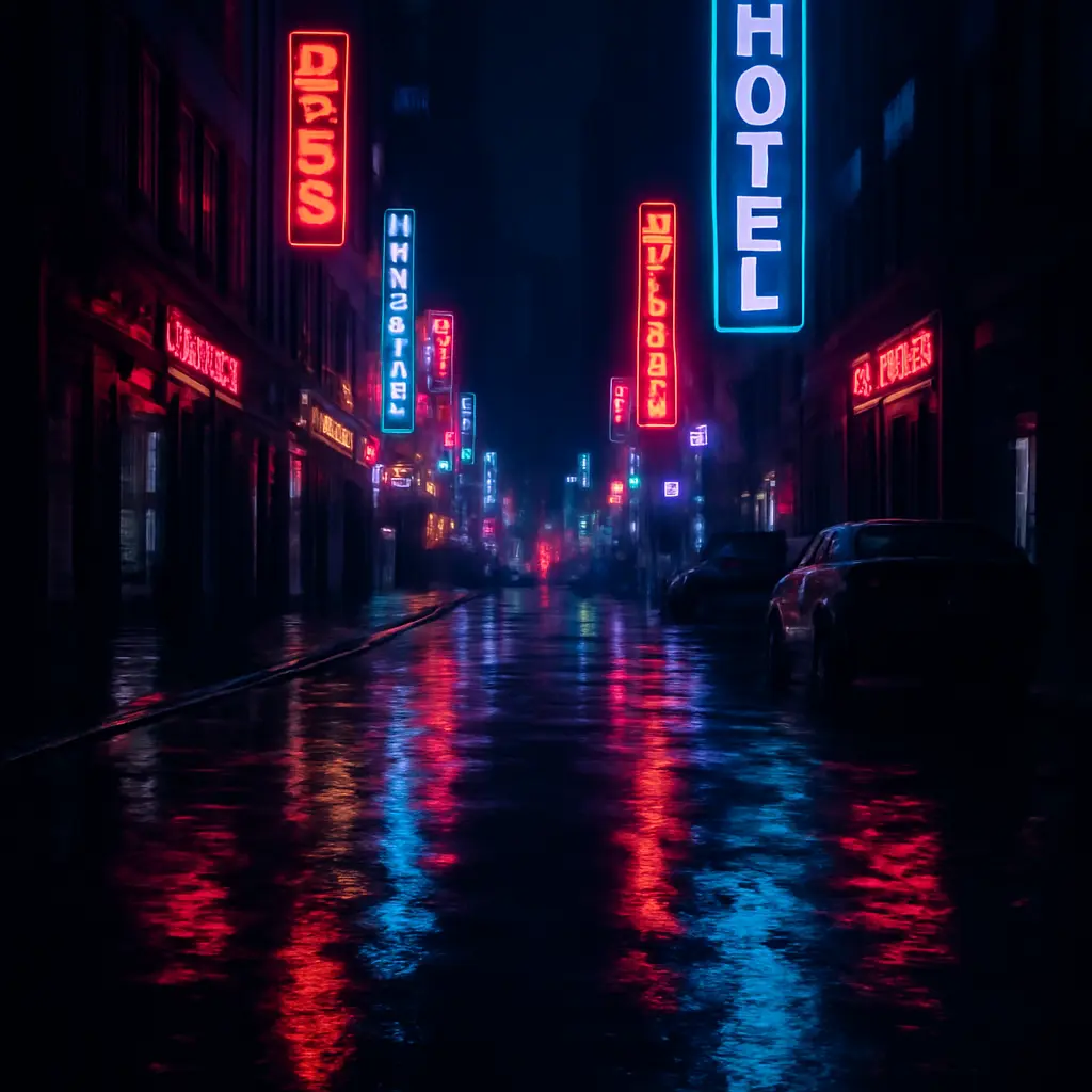 Noční městská fotografie s neonovými odlesky