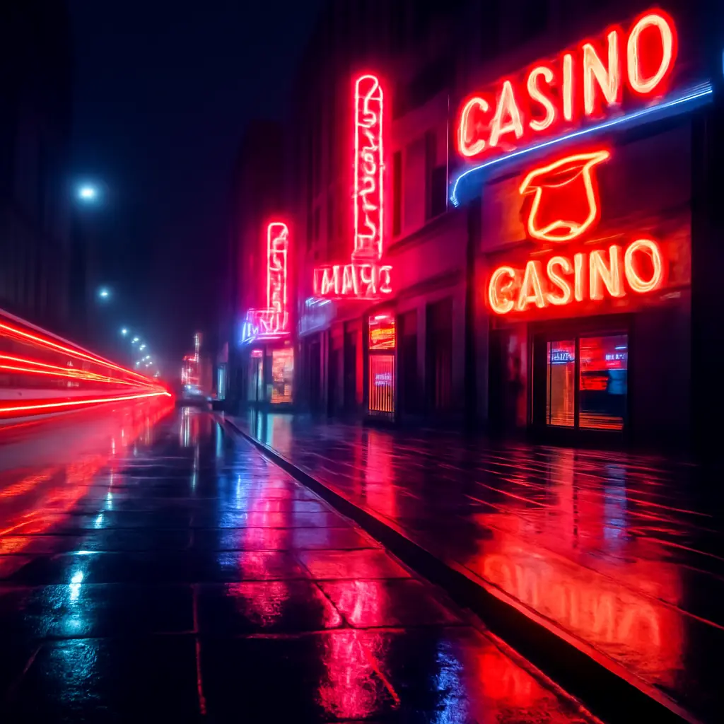 Noční městská scéna s neonovými světly a odrazem v kaluži