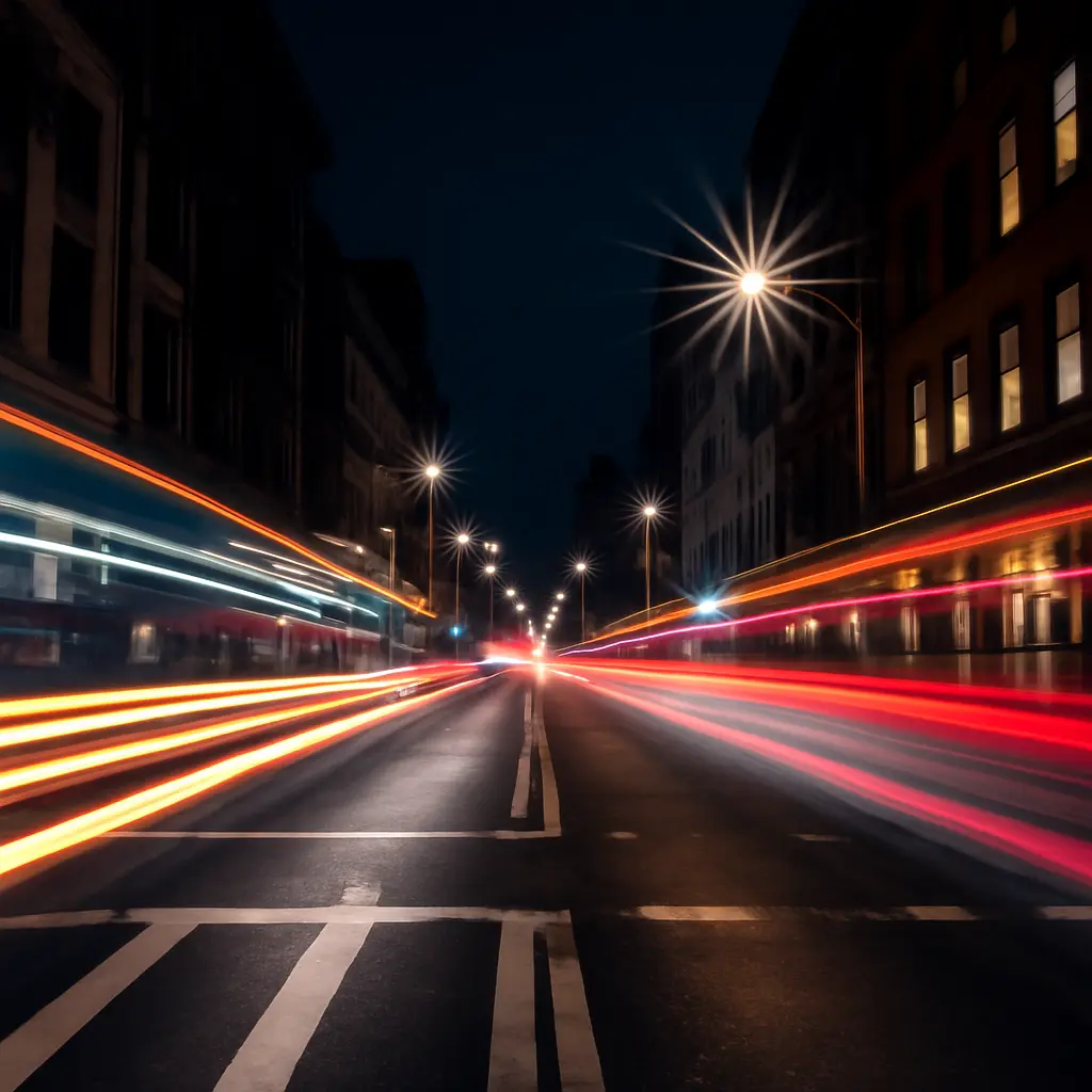 Noční ulice, stabilní záběr Noční ulice s ostrým záběrem a světelnými stopami