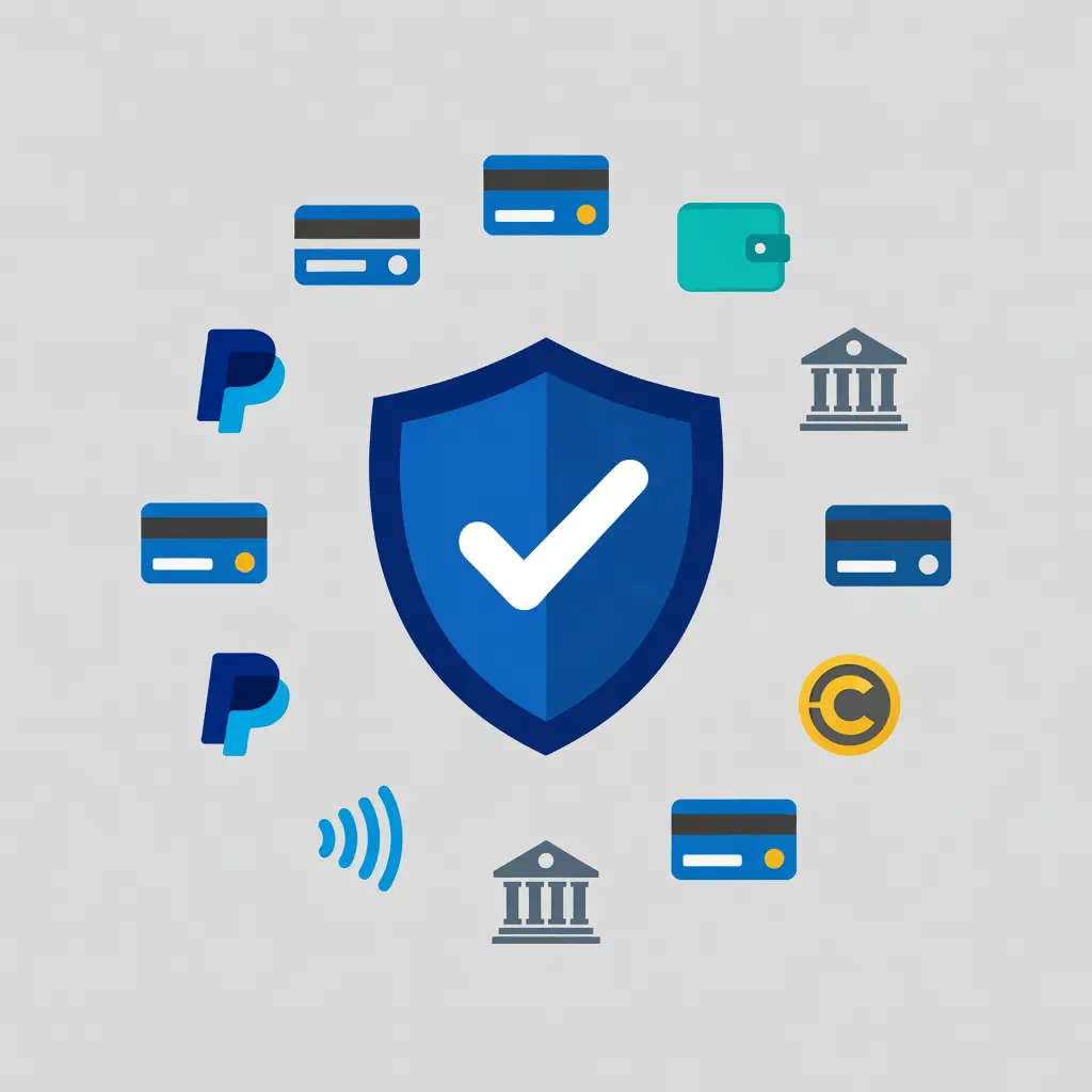 Ikony různých platebních metod pro online casino — kreditní karta, e-peněženka a bankovní převod