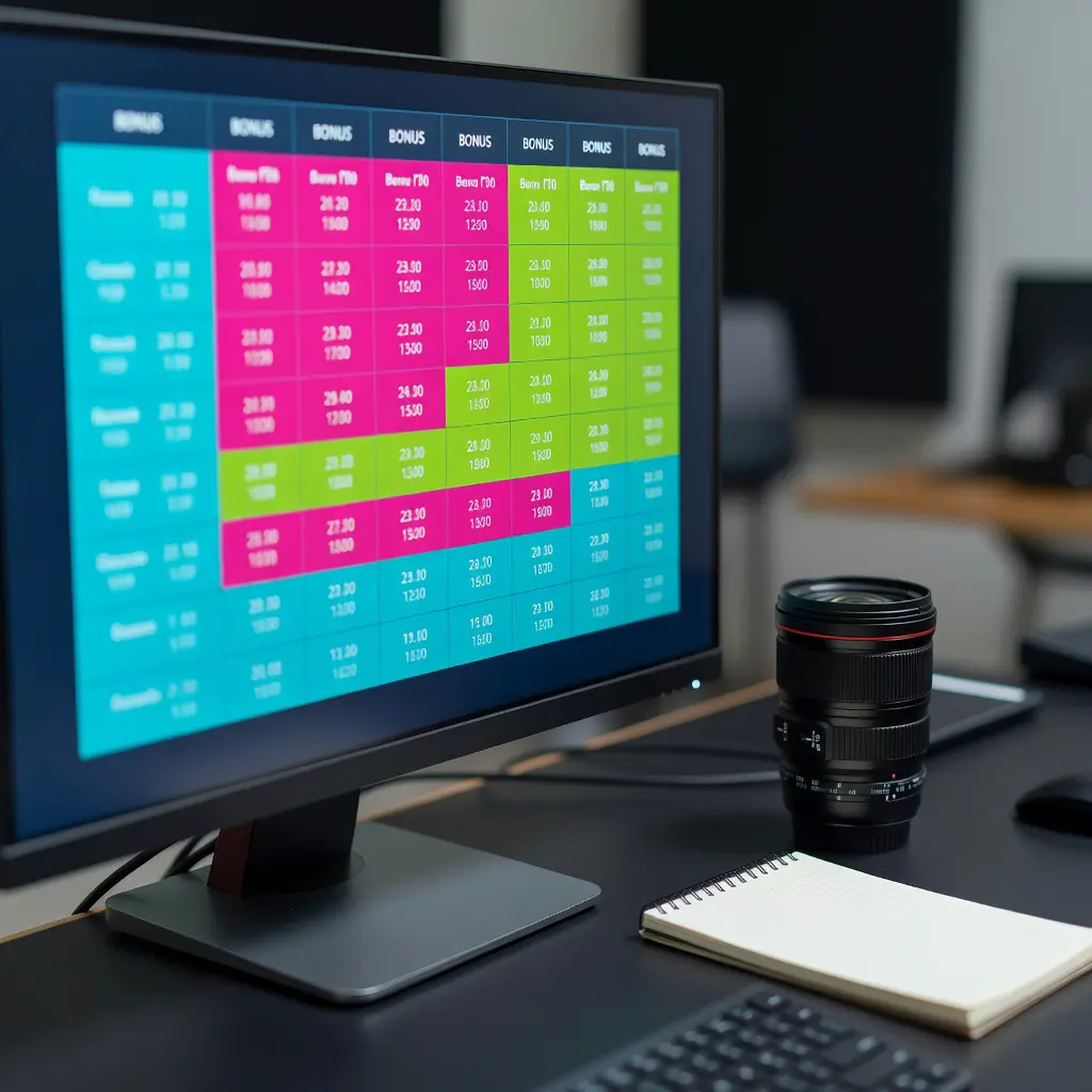 Monitor zobrazující tabulku srovnání casino bonusů s fotografickým vybavením na stole vedle
