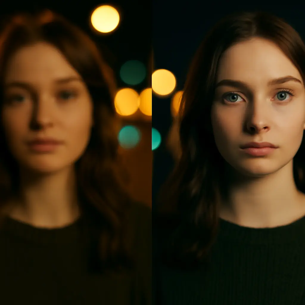 Portrét s měkkým bokehem versus detailní ostrý snímek pro srovnání