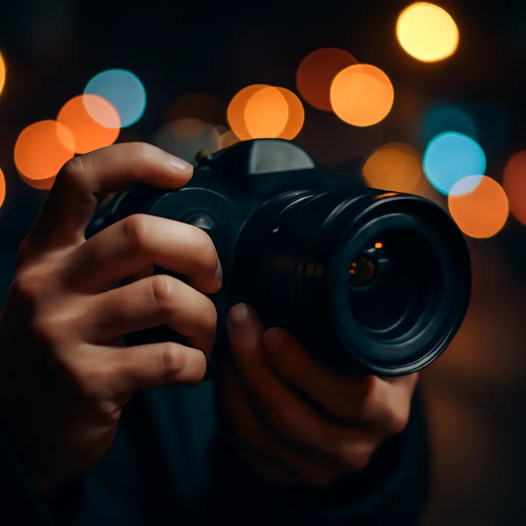Držení fotoaparátu při noční ulici