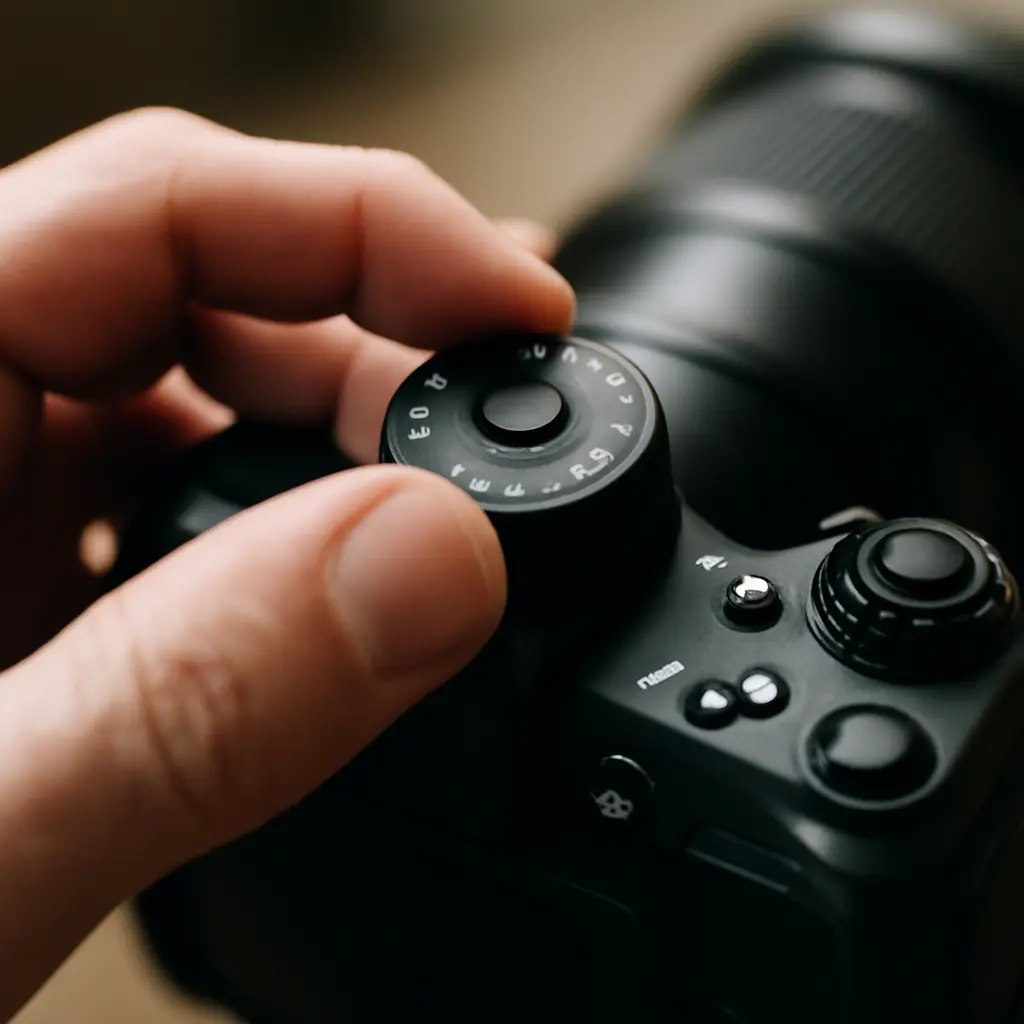 Ruka měnící nastavení fotoaparátu, makro záběr